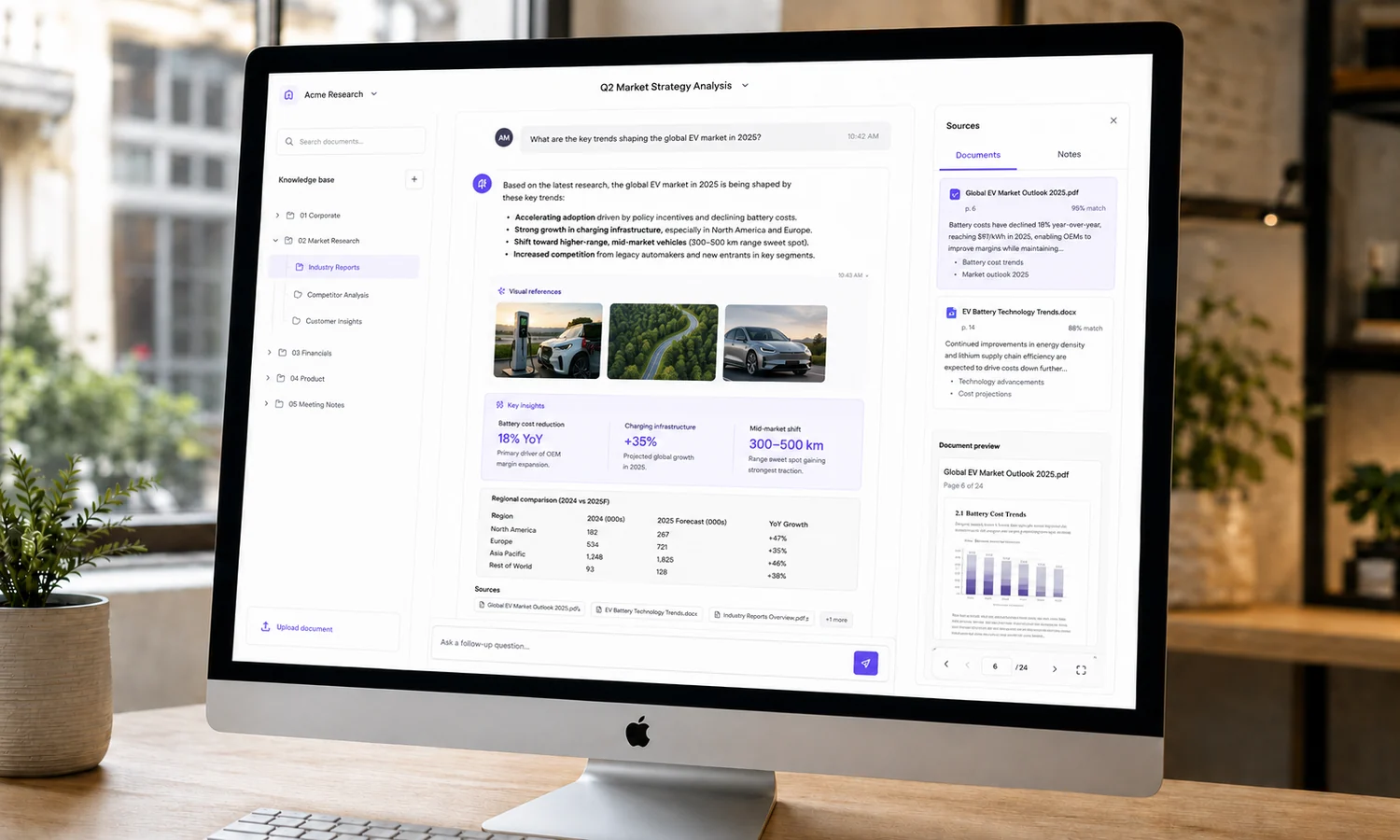 Conversation avec l'assistant : analyses, indicateurs clés, sources documentaires et aperçu de document.