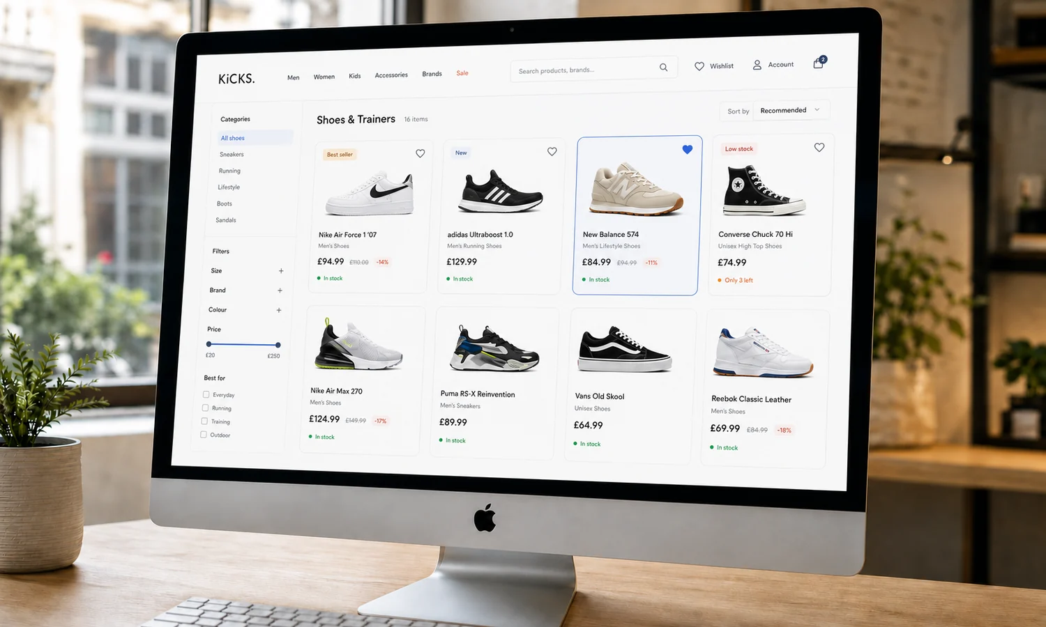 Boutique de chaussures : catégories, filtres et grille de produits avec prix.