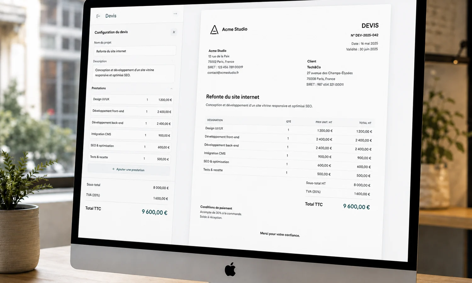 Éditeur de devis : paramètres et prestations à gauche, document avec sous-total, TVA et total TTC à droite.