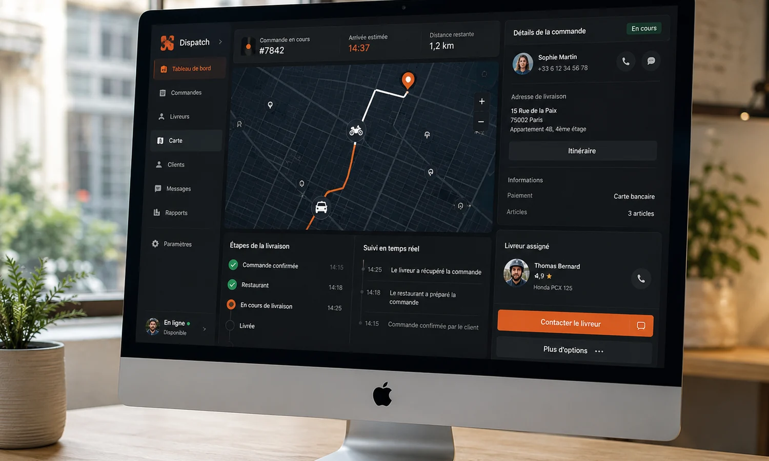 Console de dispatch : carte avec trajet en direct, étapes de la livraison et fiche du livreur.