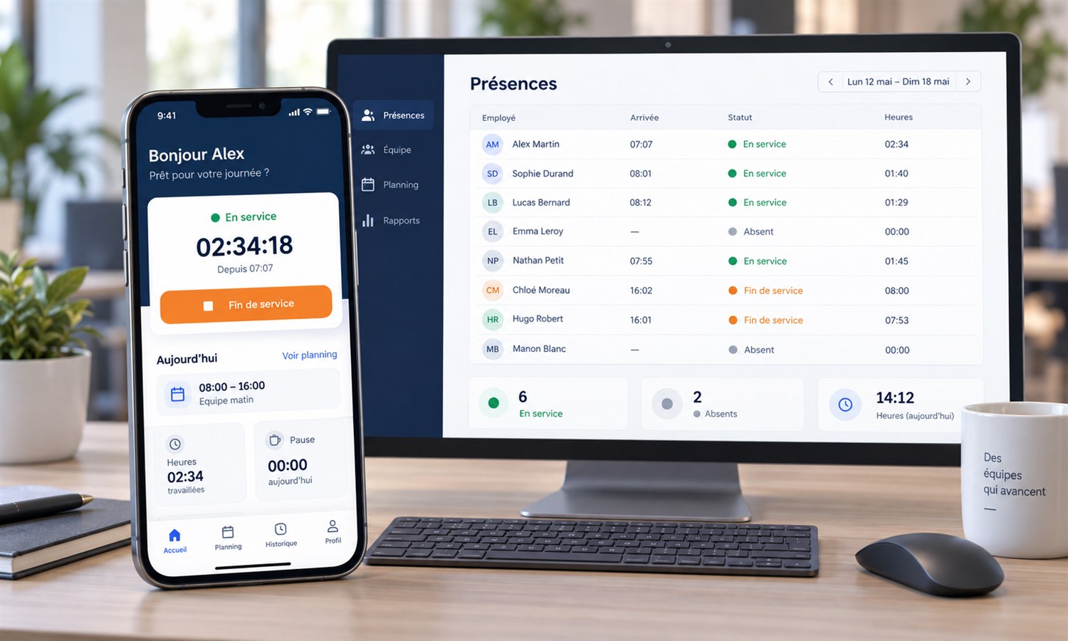 Application mobile de pointage et tableau de suivi des présences, horaires d'arrivée et temps travaillé.