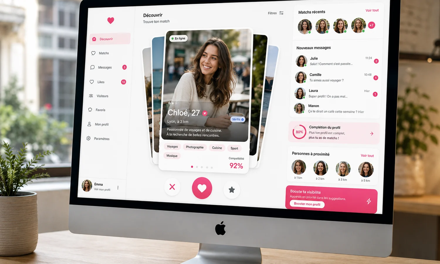 Interface de rencontres : profil principal, score de compatibilité, profils suggérés et messages récents.