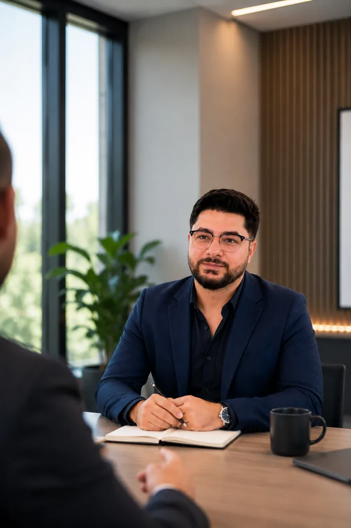 Ing. Omar en réunion de cadrage avec un client